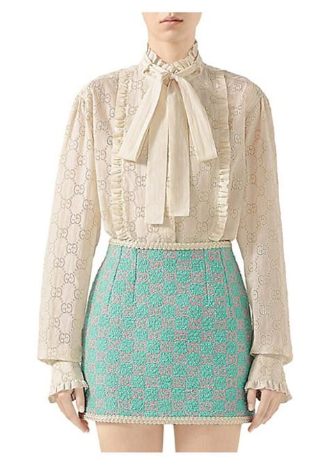 gucci white lace blouse with solid pockets and collar|Gucci decorative blouses.